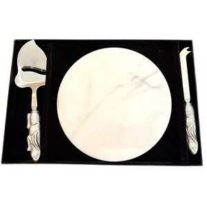 Arthur Court Easter Round White Marble Cheese Board Set w Rabbit Knife & Slicer